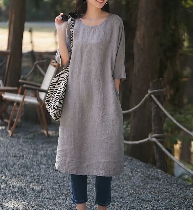 Mid Length Linen Dresses,Summer Women Dresses ,Short Sleeve Linen Dress9323