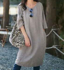 Mid Length Linen Dresses,Summer Women Dresses ,Short Sleeve Linen Dress9323