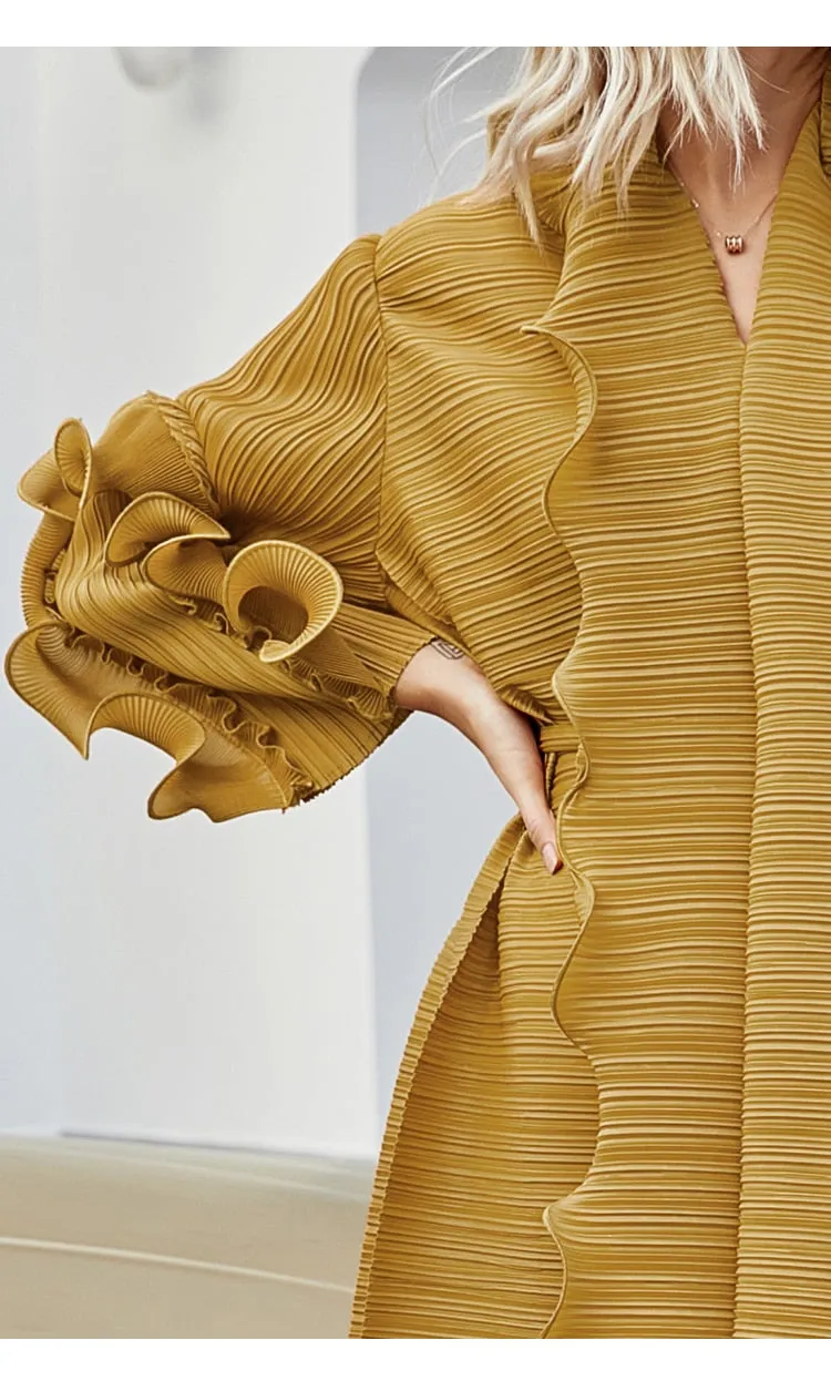 Miyake Pleated Petal Sleeve Ruffled Maxi Dress