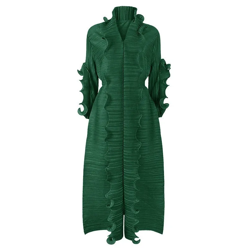 Miyake Pleated Petal Sleeve Ruffled Maxi Dress