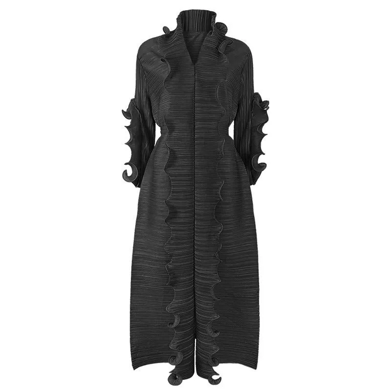 Miyake Pleated Petal Sleeve Ruffled Maxi Dress