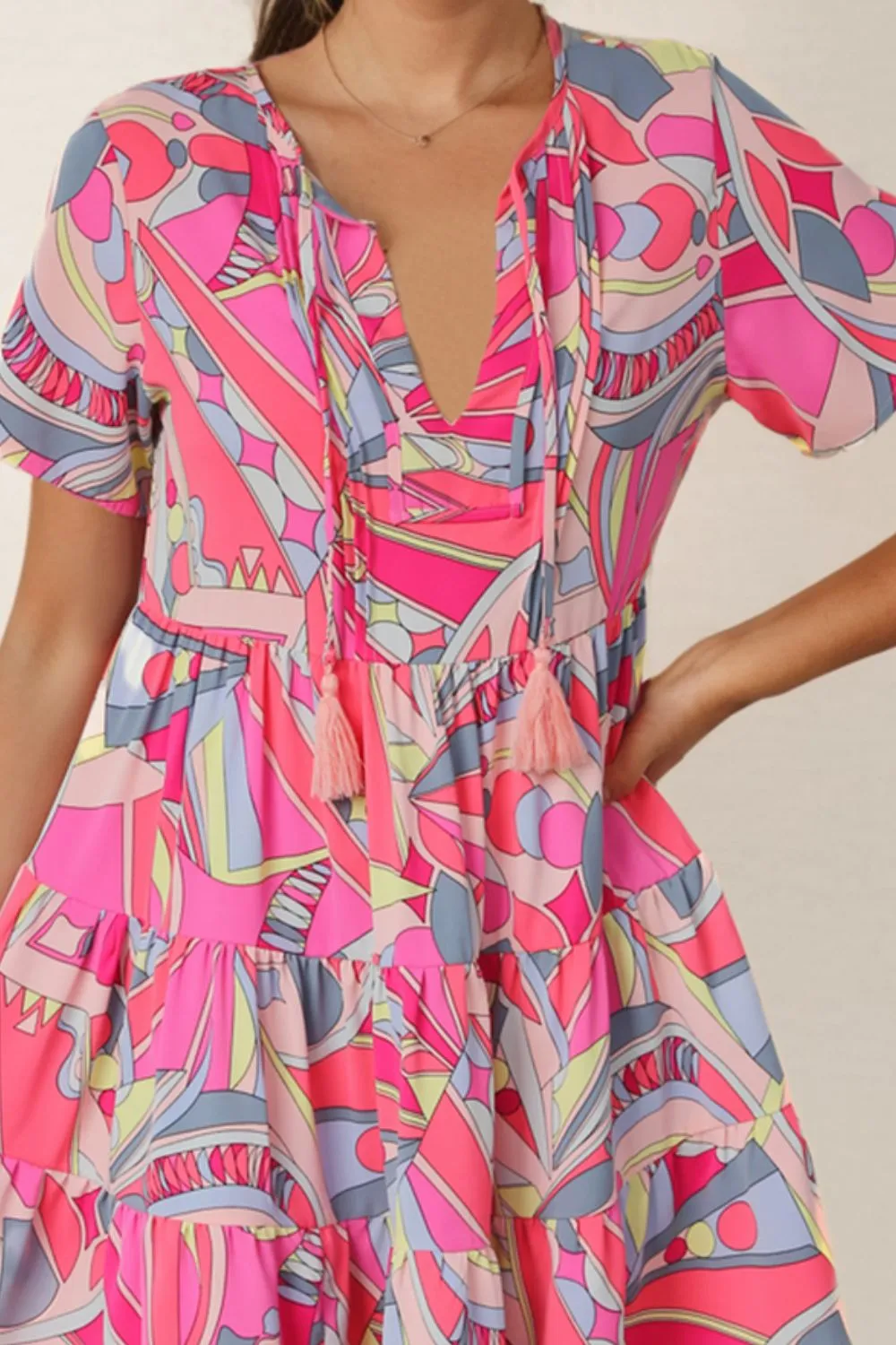 Multicolored Tie Neck Short Sleeve Tiered Dress