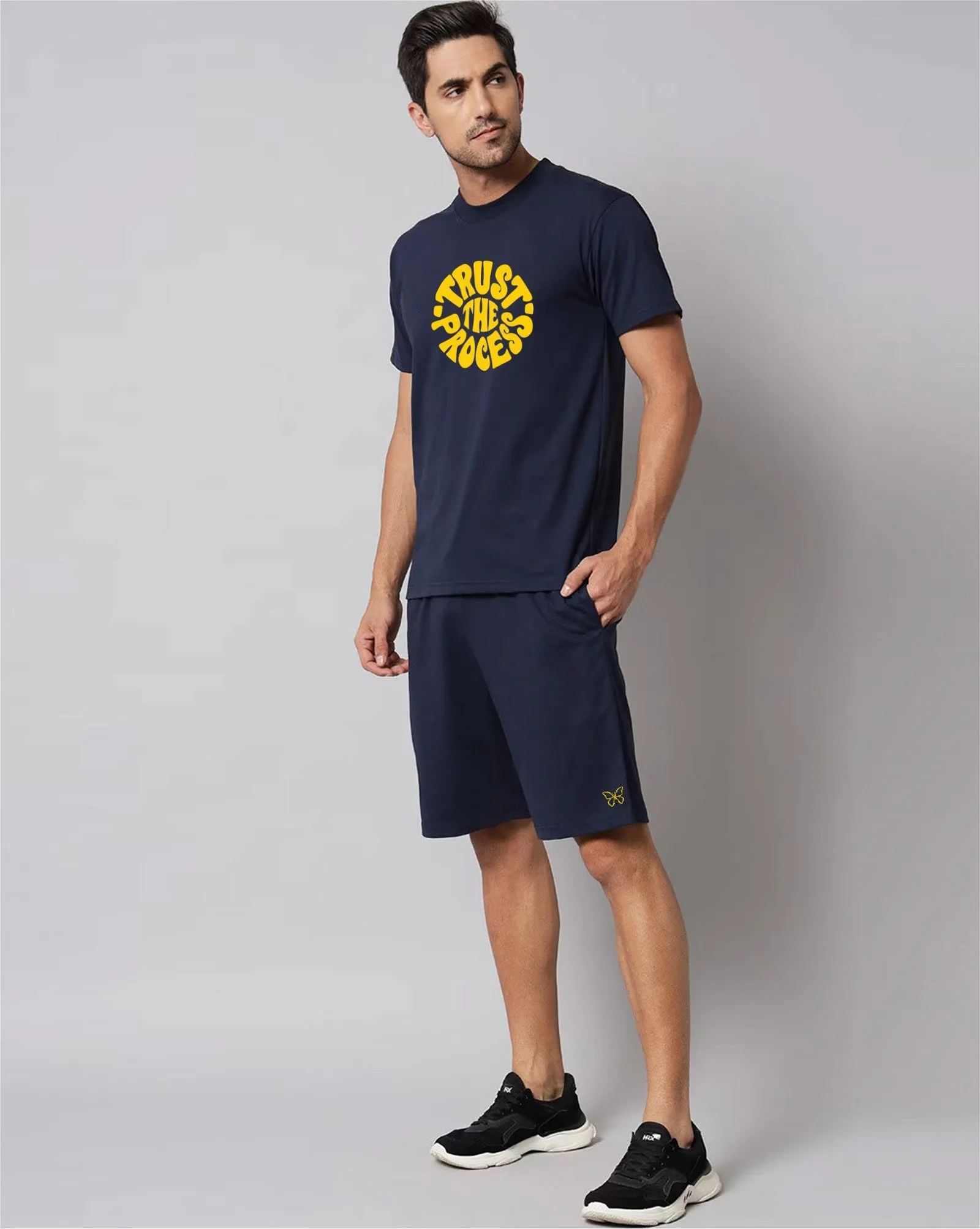 Navy Blue Plain T-Shirt Half Sleeve And Shorts With Pocket (Combo)