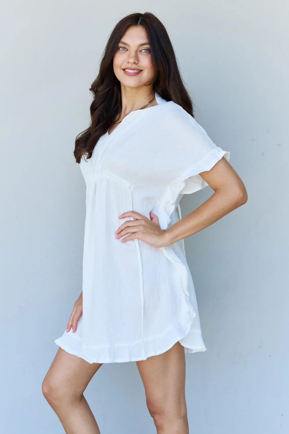 Ninexis Ruffle Hem Dress with Drawstring Waistband in White