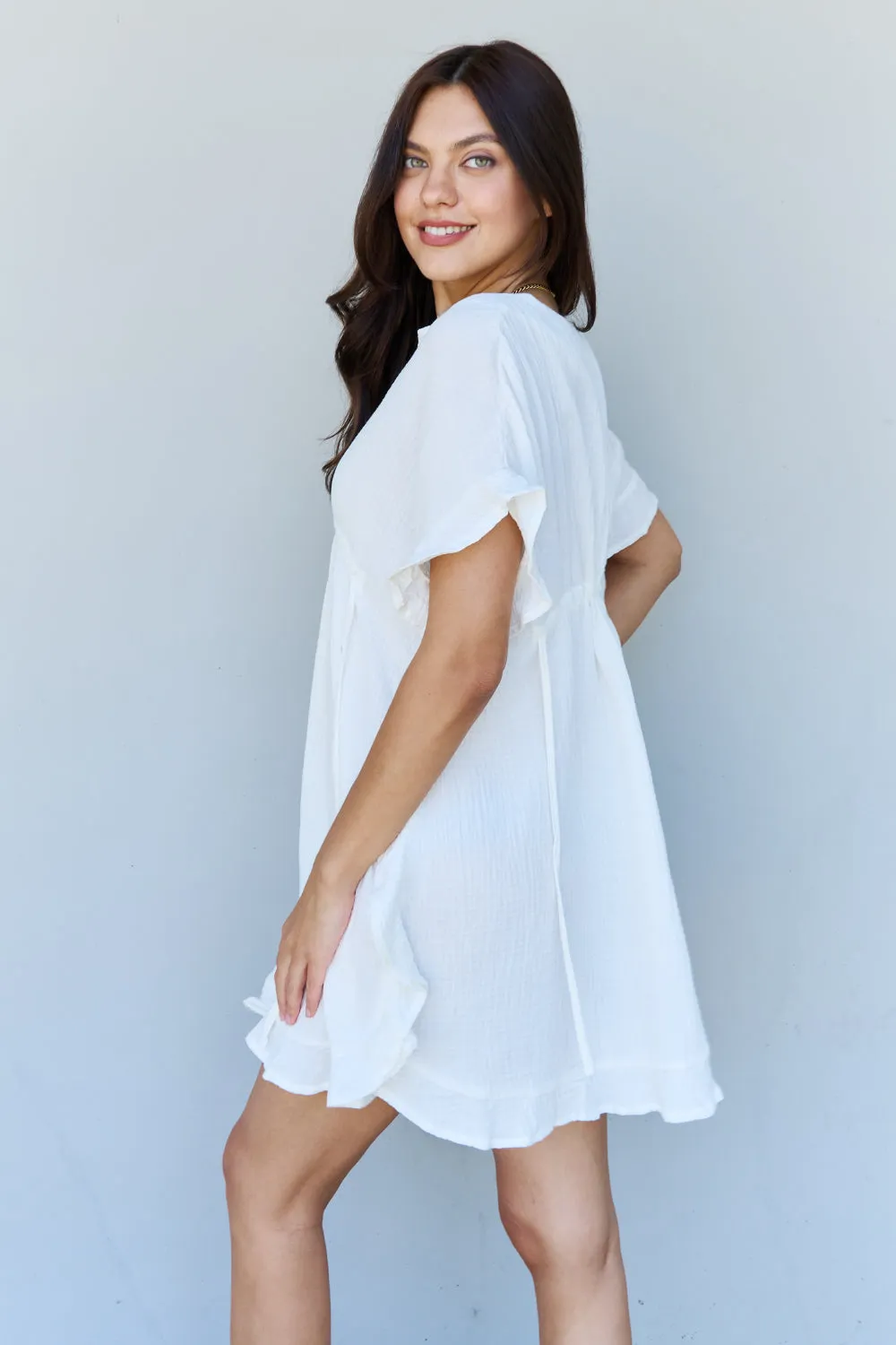 Ninexis Ruffle Hem Dress with Drawstring Waistband in White