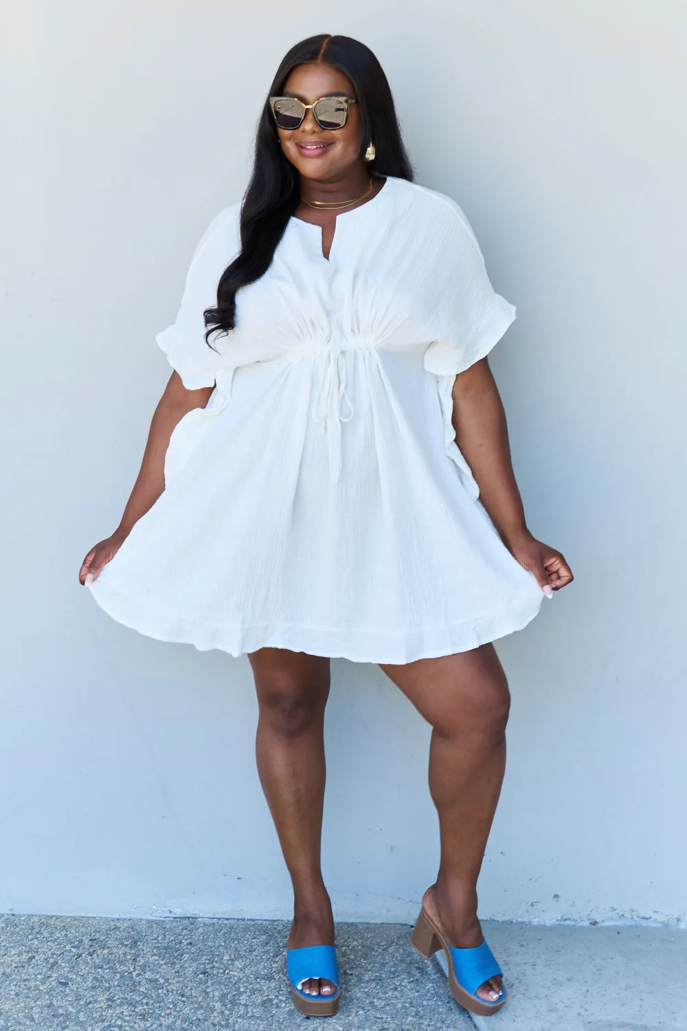 Ninexis Ruffle Hem Dress with Drawstring Waistband in White