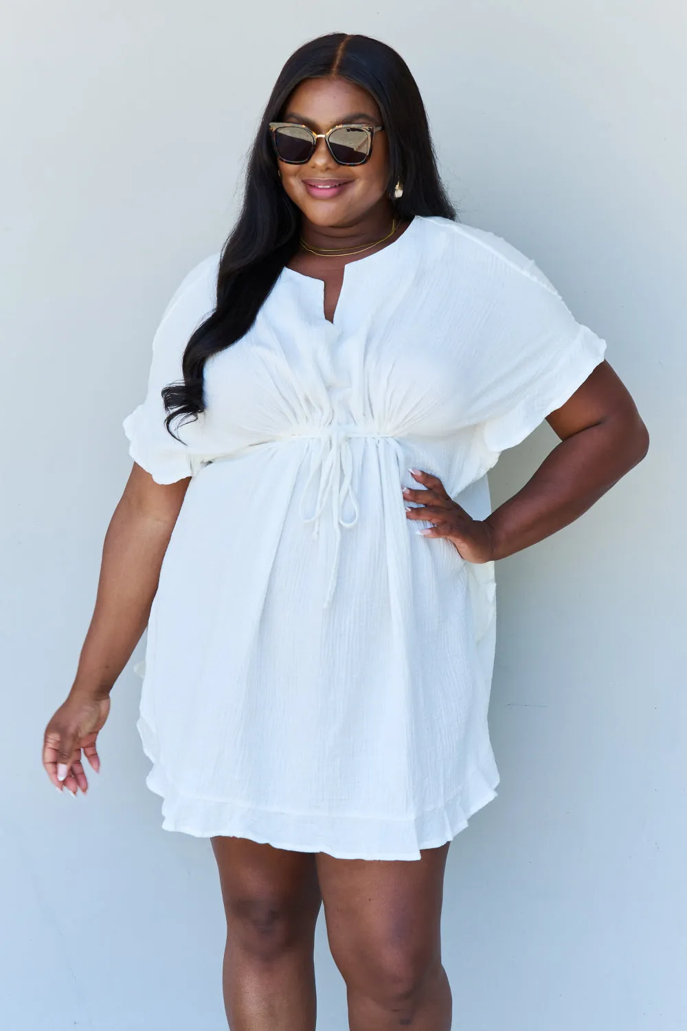 Ninexis Ruffle Hem Dress with Drawstring Waistband in White