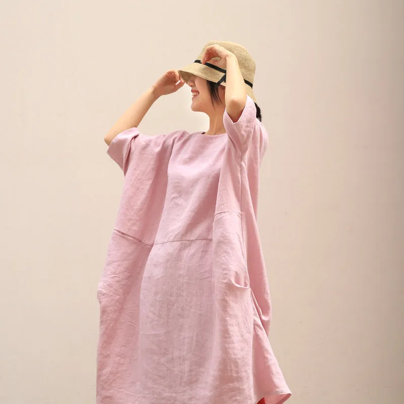 Pink Loose Linen Cotton Blouse Casual Summer Oversized Women Dresses Z97298