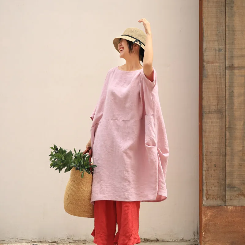 Pink Loose Linen Cotton Blouse Casual Summer Oversized Women Dresses Z97298