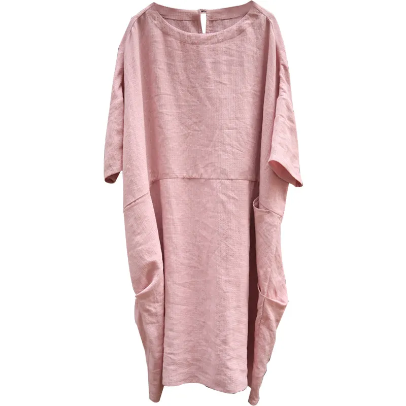 Pink Loose Linen Cotton Blouse Casual Summer Oversized Women Dresses Z97298