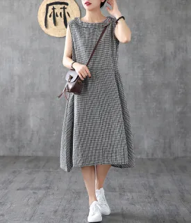 Plaid Long Sleeve Summer Spring Cotton Linen Women Dresses DZA20693