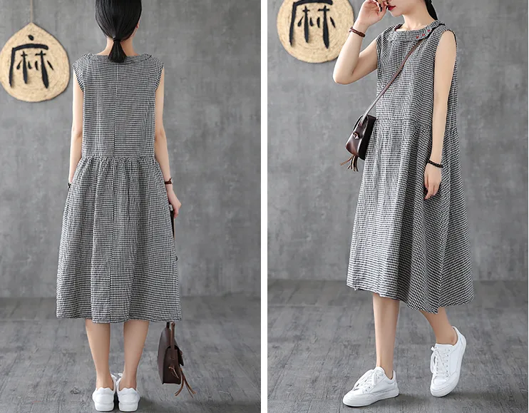 Plaid Long Sleeve Summer Spring Cotton Linen Women Dresses DZA20693