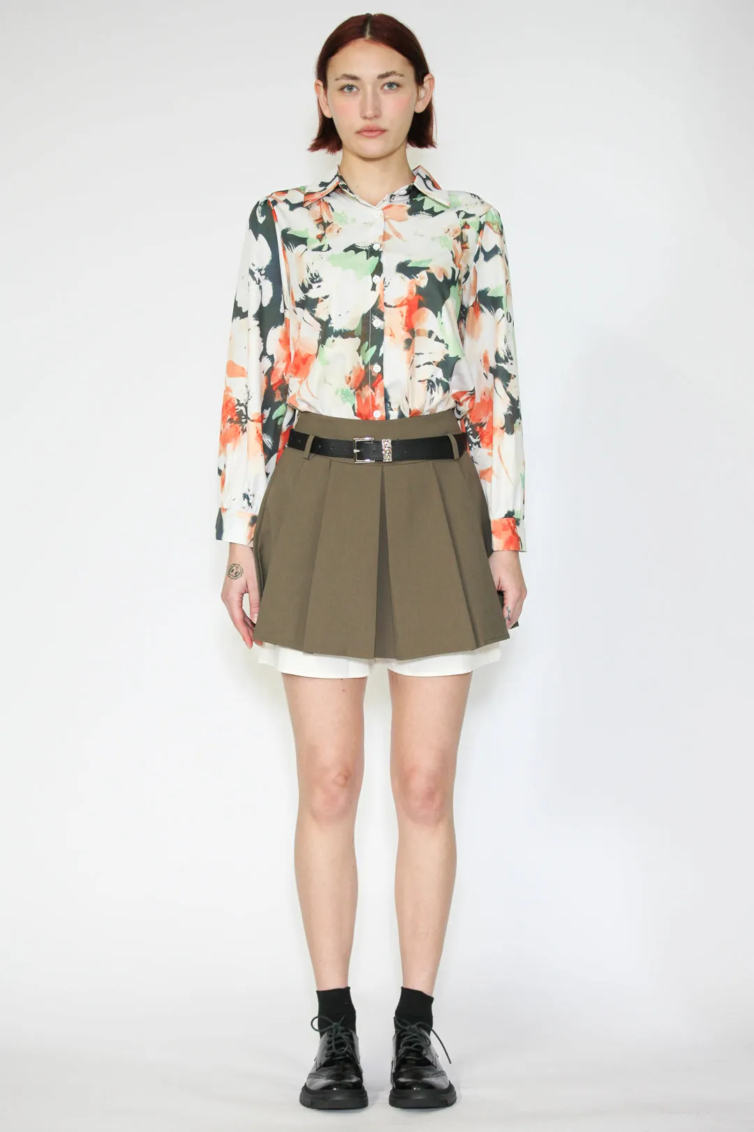 Pleated Two Layers Camel Mini Skirt