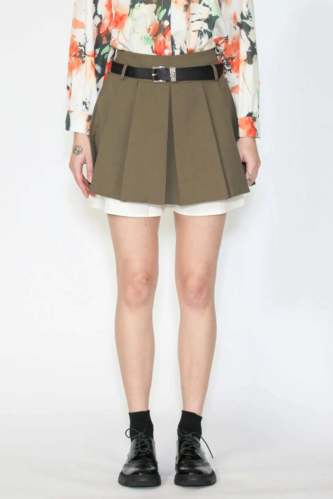 Pleated Two Layers Camel Mini Skirt