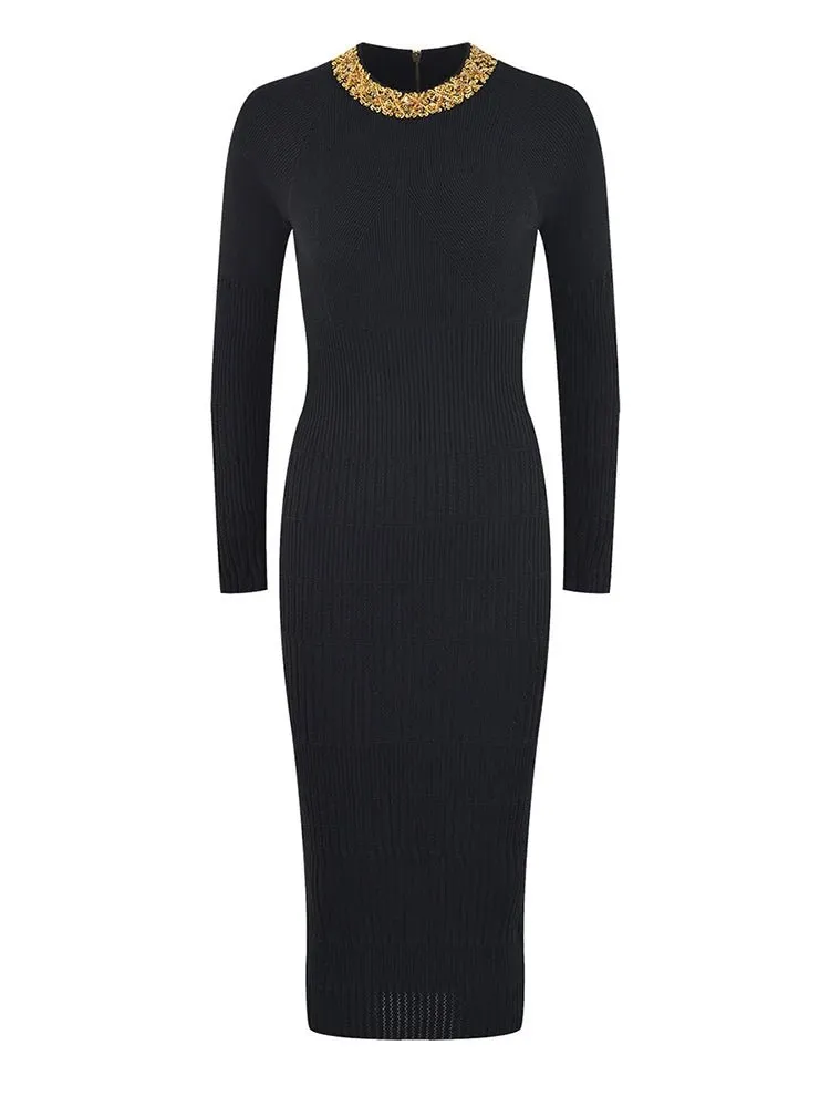 Pre Order:  Beaded Neck Knitted Midi Dress