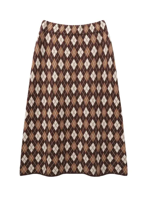 Pre Order:  Vintage Rhombus Plaid Knitting Long Skirt