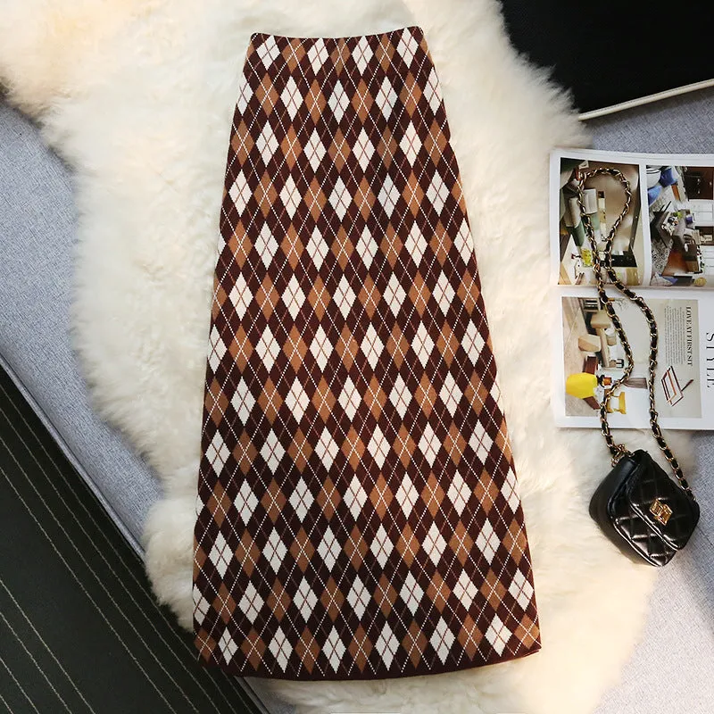 Pre Order:  Vintage Rhombus Plaid Knitting Long Skirt