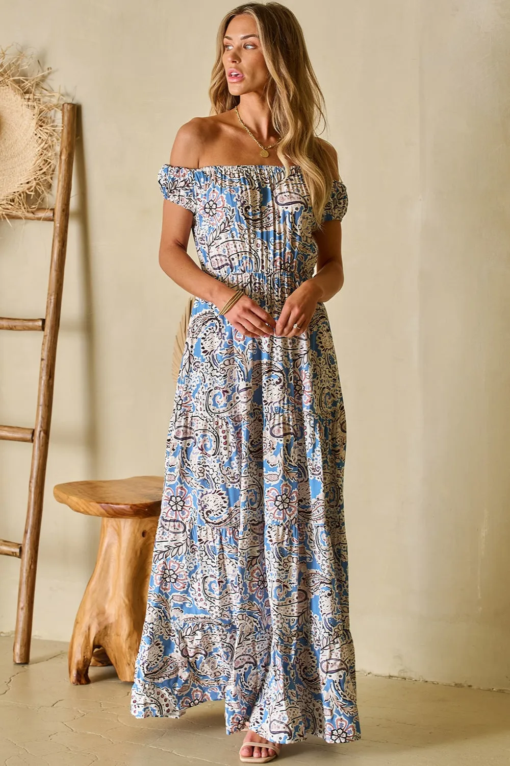 Printed Off-Shoulder Short Sleeve Dress