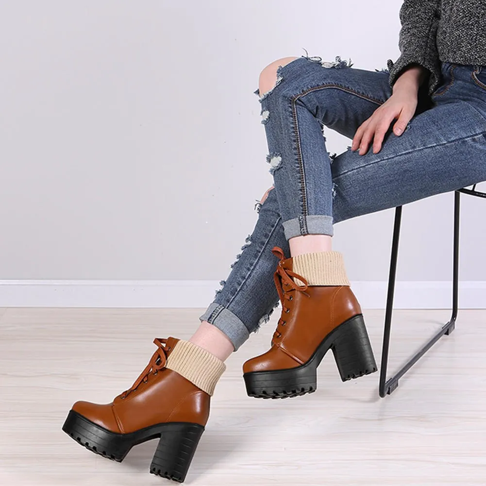 PU leather square High Heels  Ankle Boots