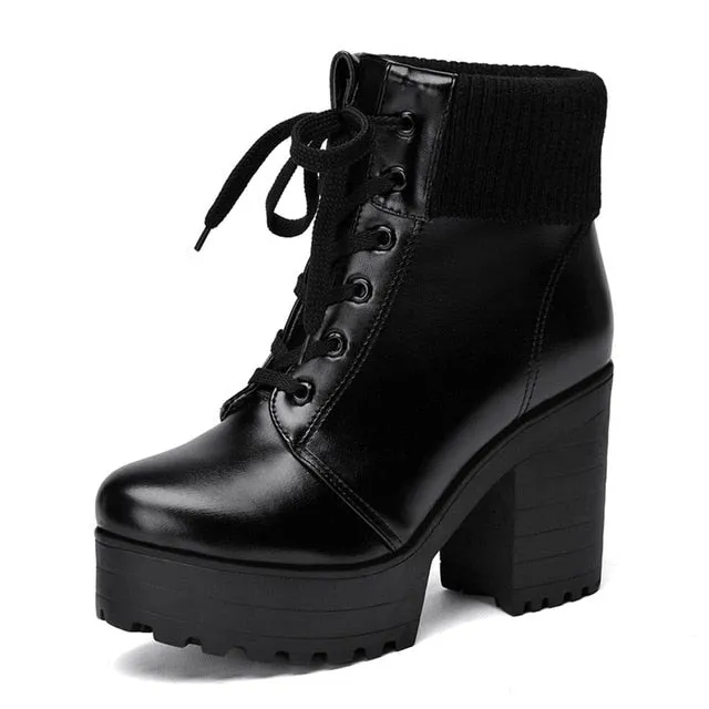 PU leather square High Heels  Ankle Boots