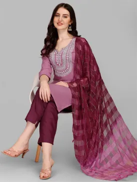 Purple Colour Slub Cotton Embroidery Kurta Pant Dupatta Set For Women's