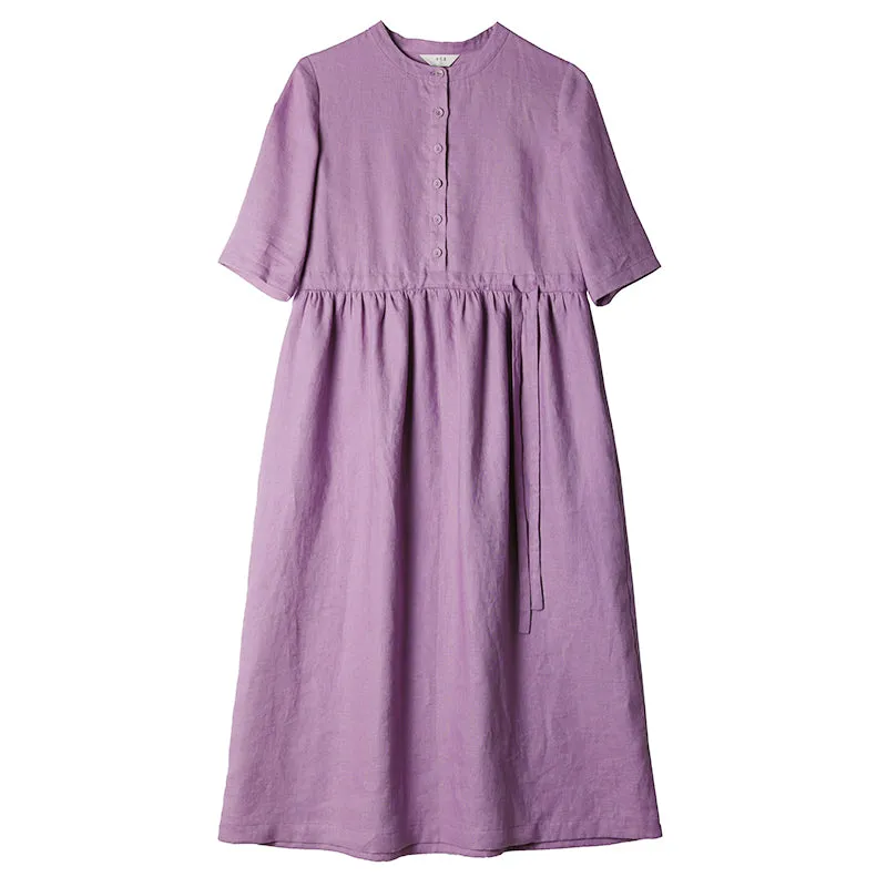 Purple Women Dresses Linen Spring Summer Women Dresses With Waist Belt SMM96205