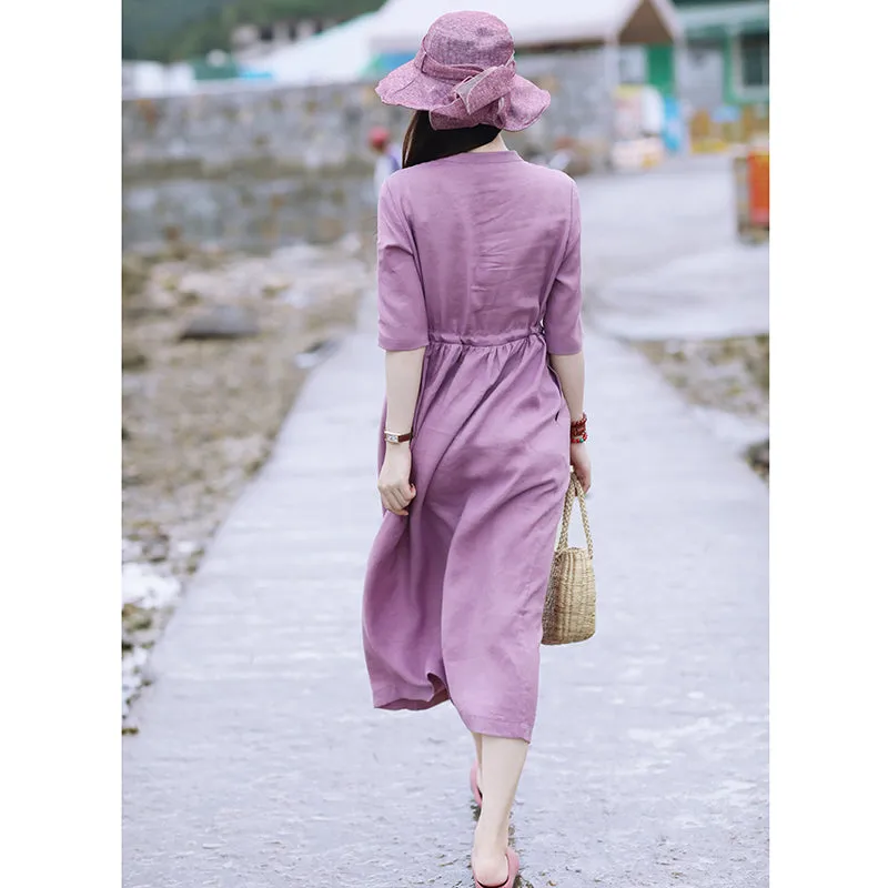 Purple Women Dresses Linen Spring Summer Women Dresses With Waist Belt SMM96205