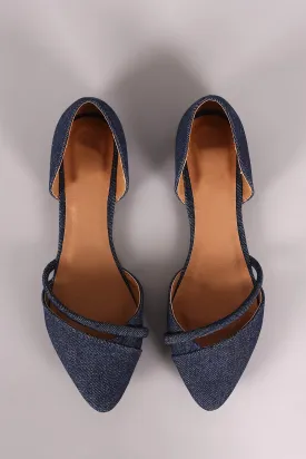 Qupid Denim Pointy Toe Dorsay Flat