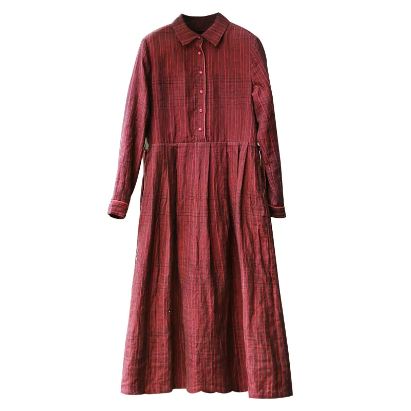 Red Plaid Women Dresses Long Sleeves Linen Women Dresses Waist Belt Design WC961851