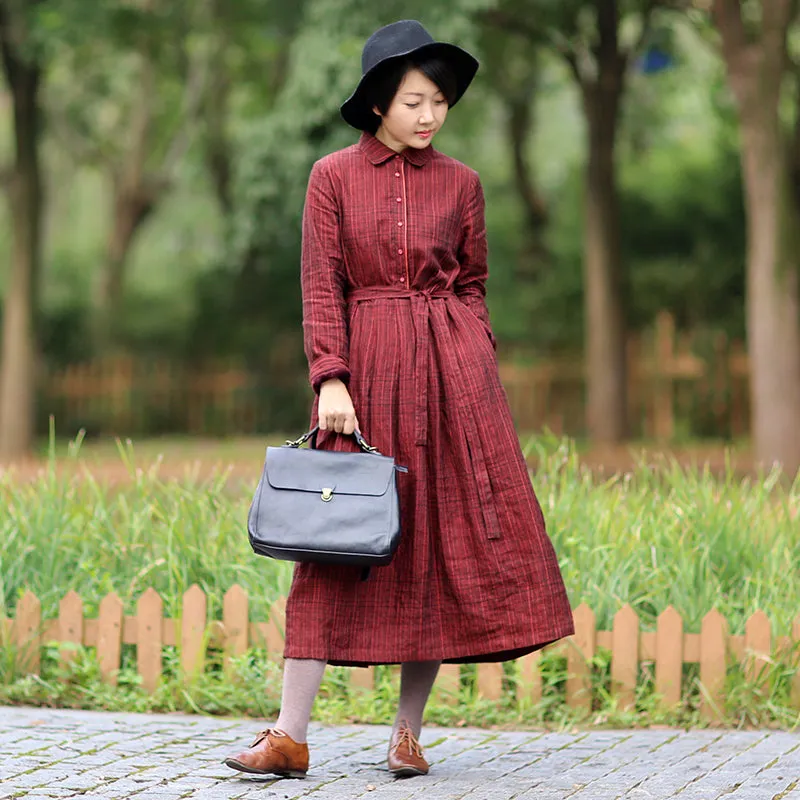 Red Plaid Women Dresses Long Sleeves Linen Women Dresses Waist Belt Design WC961851