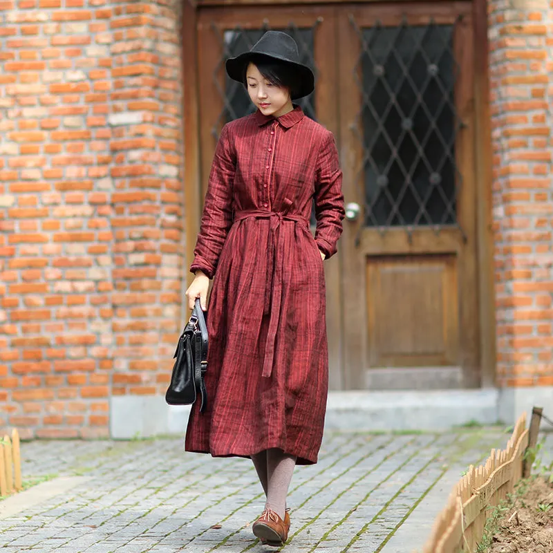 Red Plaid Women Dresses Long Sleeves Linen Women Dresses Waist Belt Design WC961851