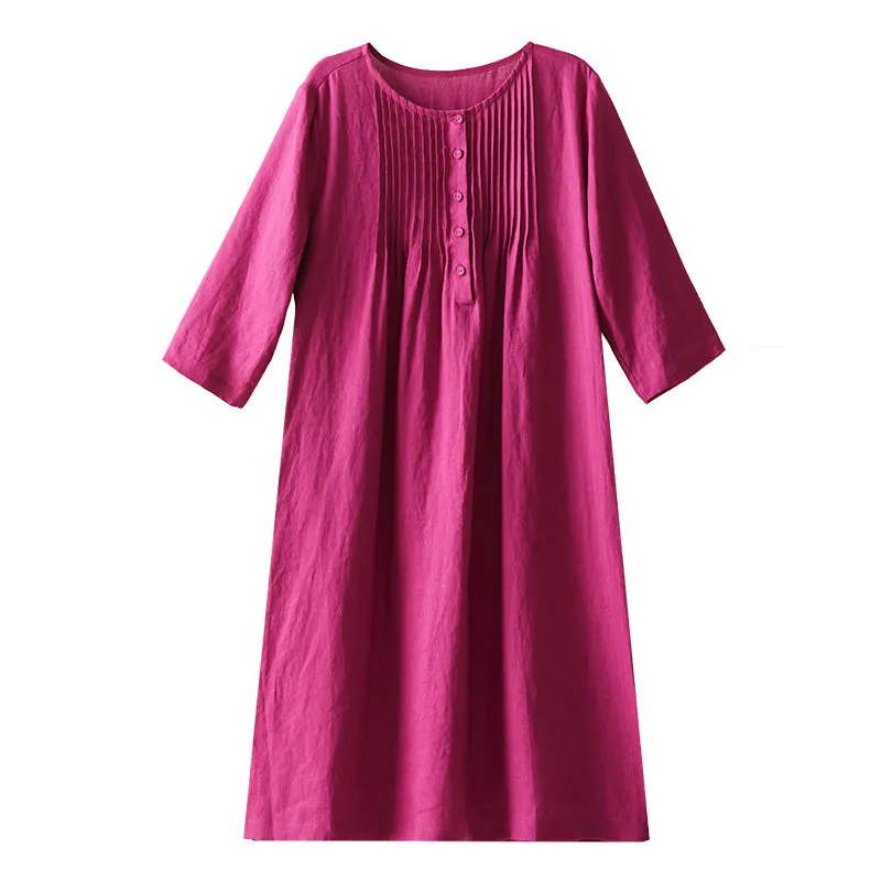 Rose Red 100% Linen Women Dresses 3/4 Sleeves U Neck Spring Summer Women Dresses XH9654