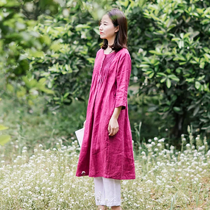 Rose Red 100% Linen Women Dresses 3/4 Sleeves U Neck Spring Summer Women Dresses XH9654