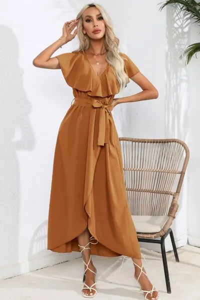 Ruffled Tied V-Neck Midi Dress