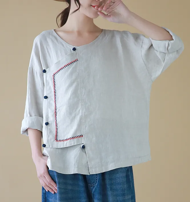 Stiching Round Neck Long Sleeves Shirts Loose Casual Linen Spring Women Tops SXM97299