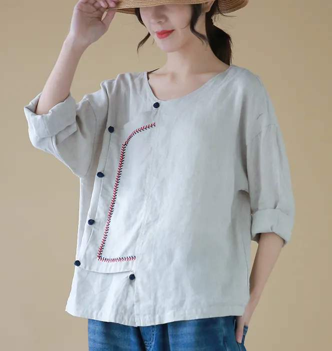 Stiching Round Neck Long Sleeves Shirts Loose Casual Linen Spring Women Tops SXM97299