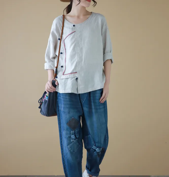 Stiching Round Neck Long Sleeves Shirts Loose Casual Linen Spring Women Tops SXM97299