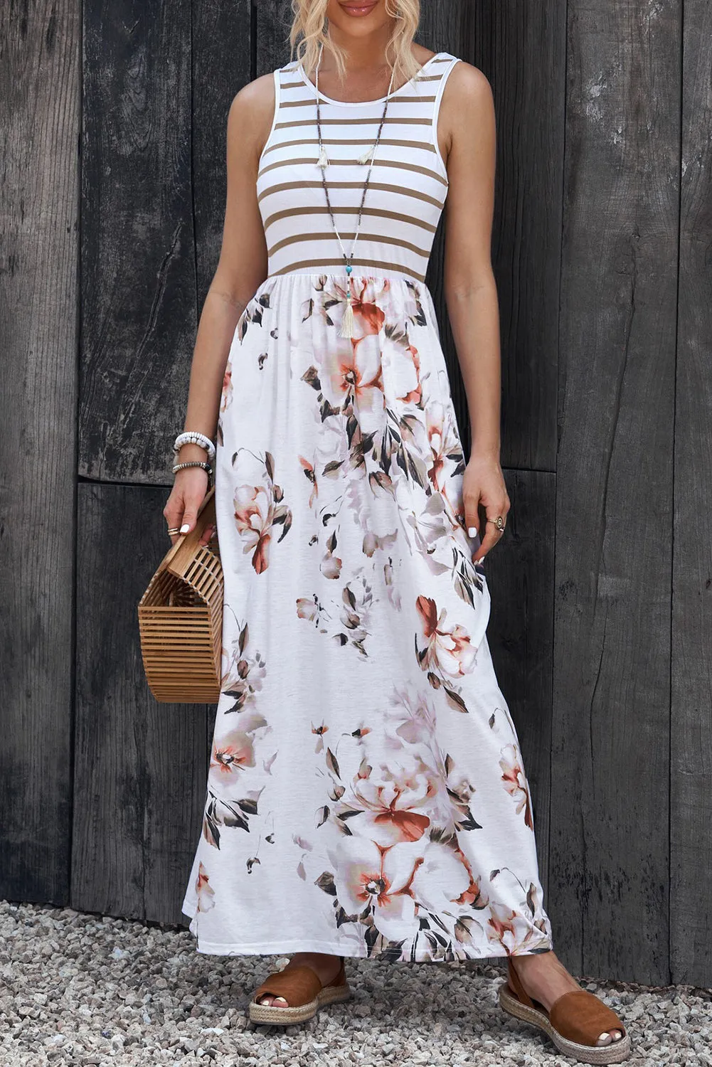 Striped Floral Round Neck Sleeveless Maxi Dress