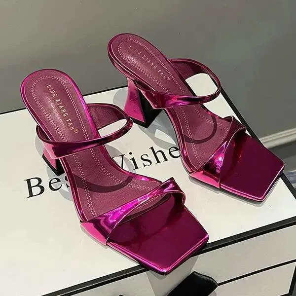 Summer New Fashion Square Sandals Thick Heel Slides Solid Color High-Heeled Slippers Kq8