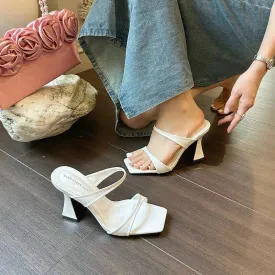 Summer New Fashion Square Sandals Thick Heel Slides Solid Color High-Heeled Slippers Kq8