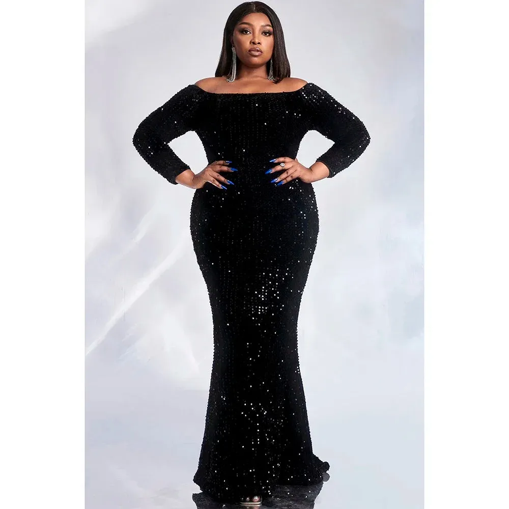 TEEK - Plus Size Satin Sequin Long Maxi Formal Dresses