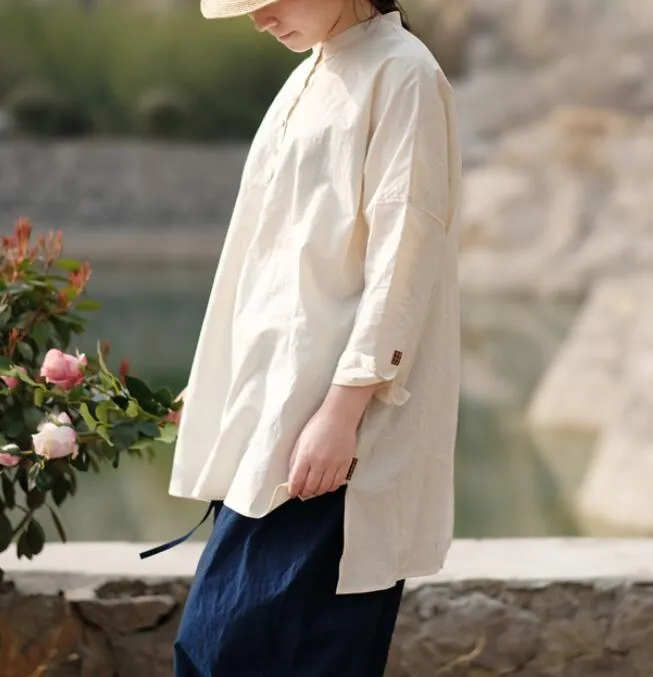 White Casual Linen Cotton Spring Summer Shirts Women Tops SXM97299