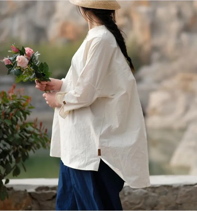 White Casual Linen Cotton Spring Summer Shirts Women Tops SXM97299