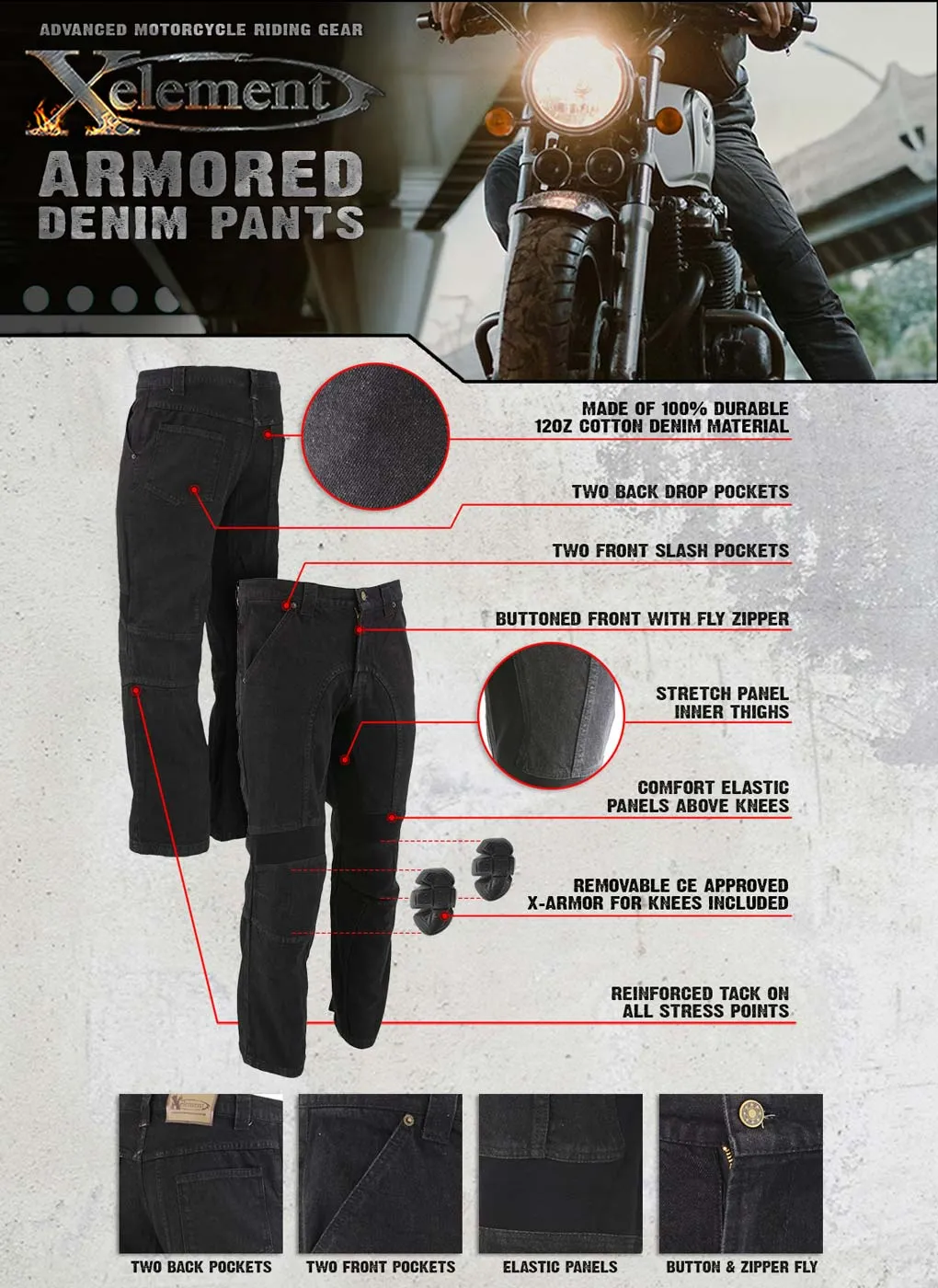 Xelement 055030 Men's Classic Fit Black Denim Motorcycle Racing Pants